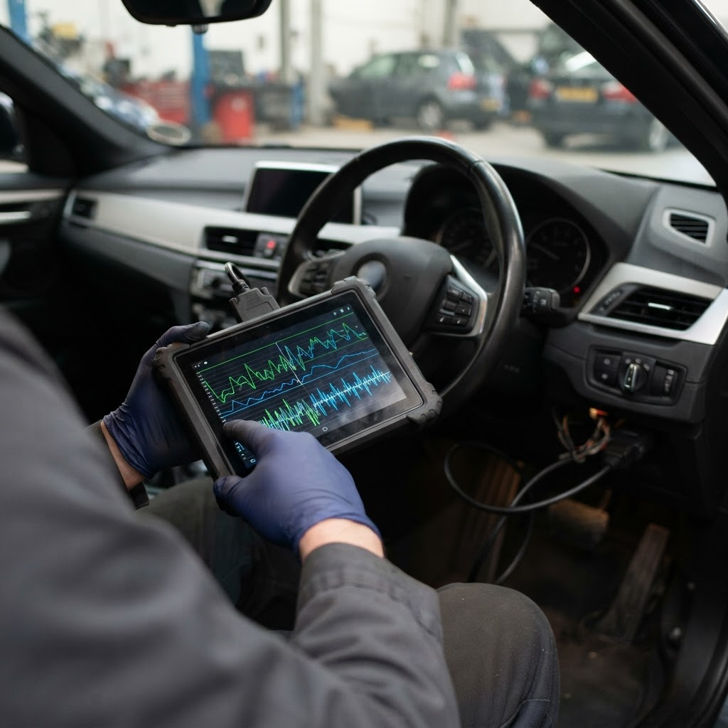 Diagnostic scanner connected to a car to read fault codes