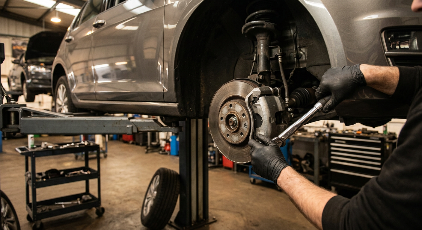 Mechanic replacing a brake caliper on a raised car