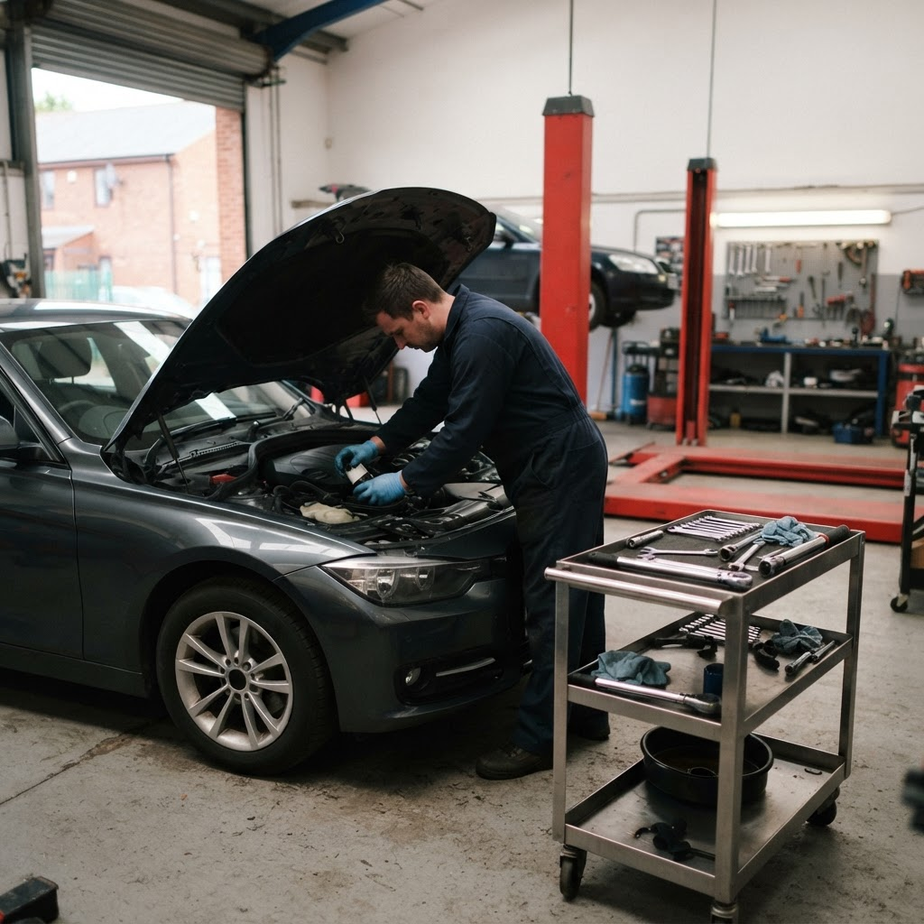 Technician carrying out a car service in the Bracknell workshop