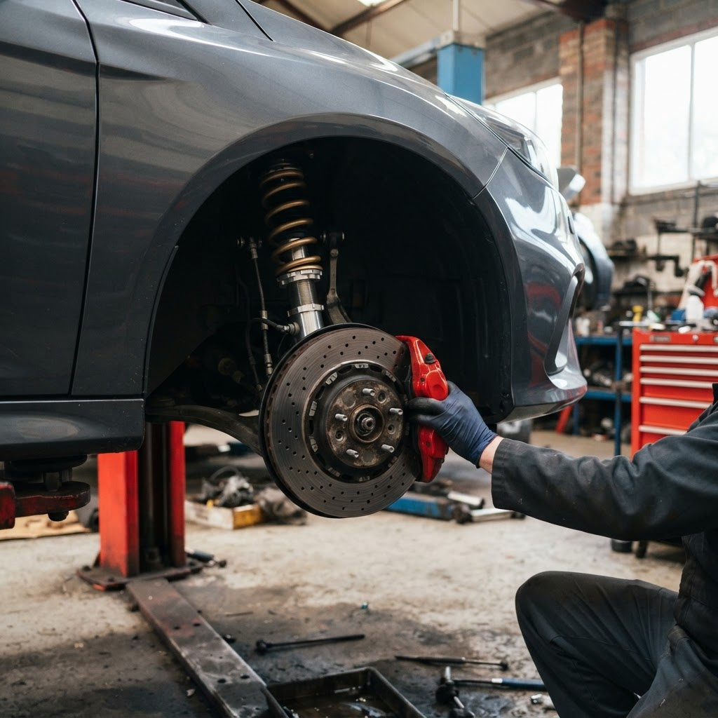 Performance coilover and big brake kit fitted to a car on the ramp at Madhouse Motor Company